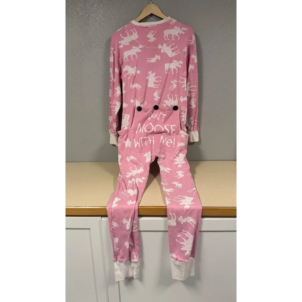 Lazy One Pink Moose Print Pajama Jumpsuit Women's Size Medium Button Up Footless